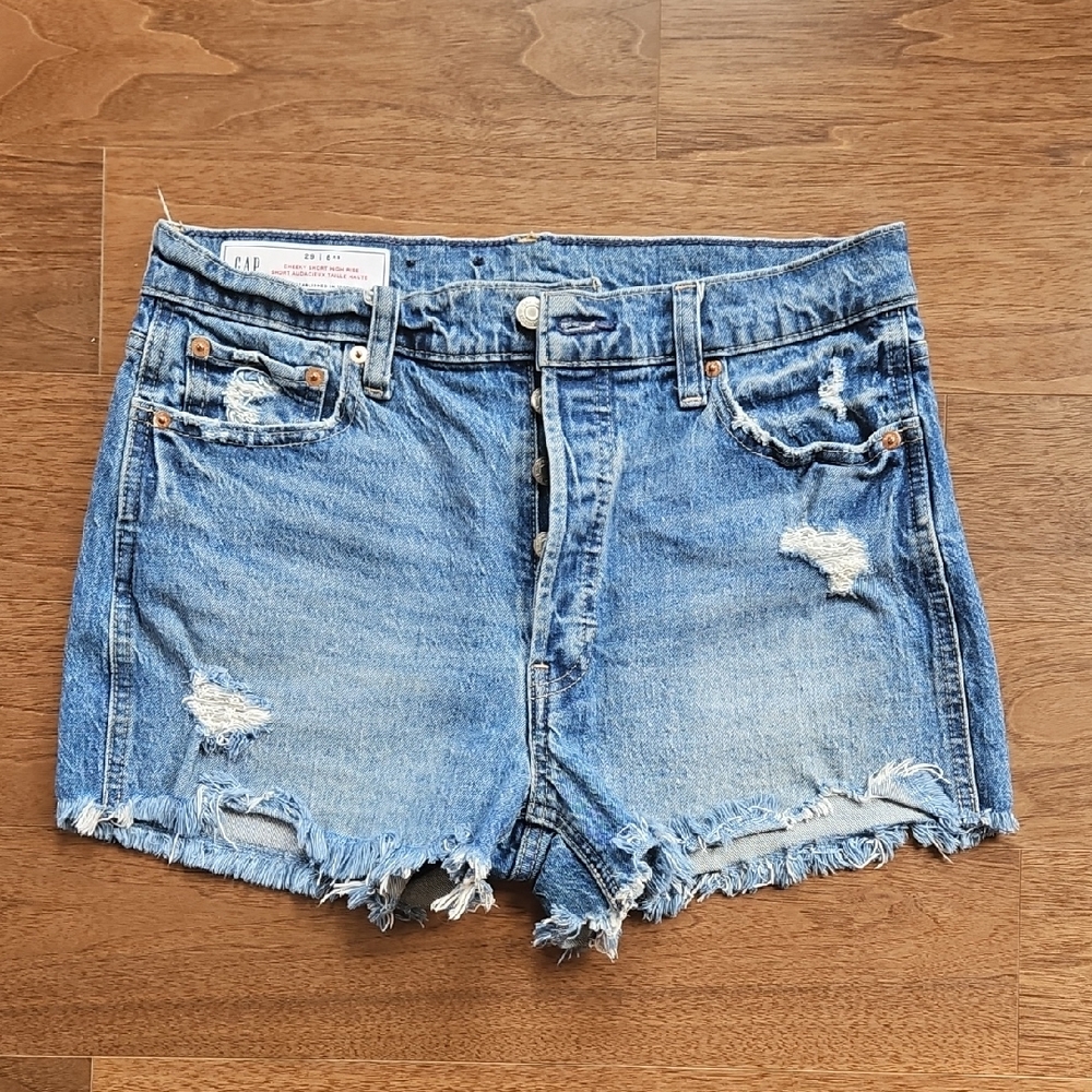 GAP Cheeky High Rise  Light Blue Distressed Jean Shorts